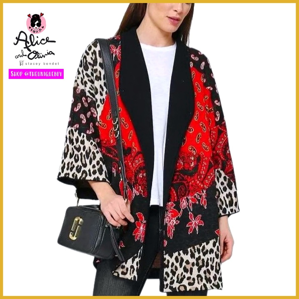 Alice + Olivia Hester Patchwork Red Black Shawl Coat